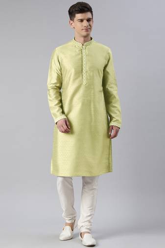 Dusty green self jacquard art silk embroidered kurta set