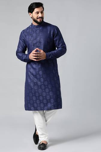 Blue self design side open kurta set