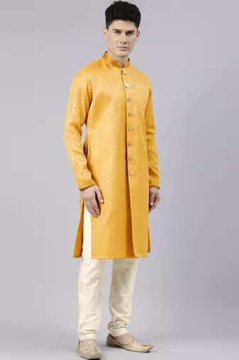 Mustard diamond booti front open kurta set