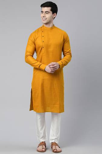 Mustard self design side open kurta set