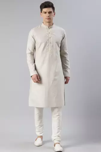 Beige yellow linen embroidered kurta