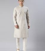 Beige yellow linen embroidered kurta
