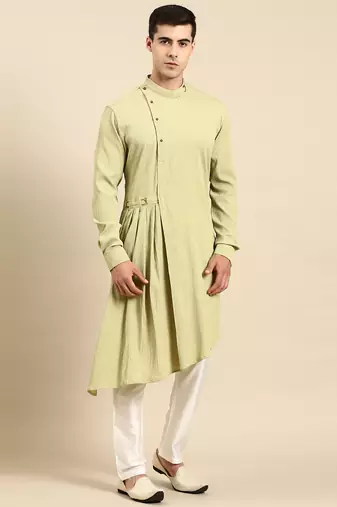 Pistachio side placket asymetrical drape kurta set