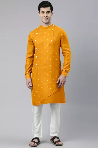 Mustard design asymmetrical kurta set