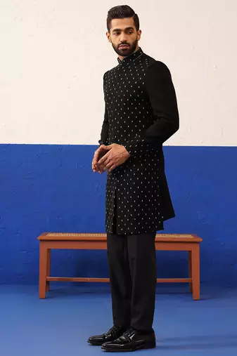 Jiggar thakkar in plain simmer black kurta set
