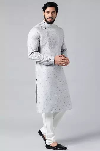 Cotton grey booti side open kurta set