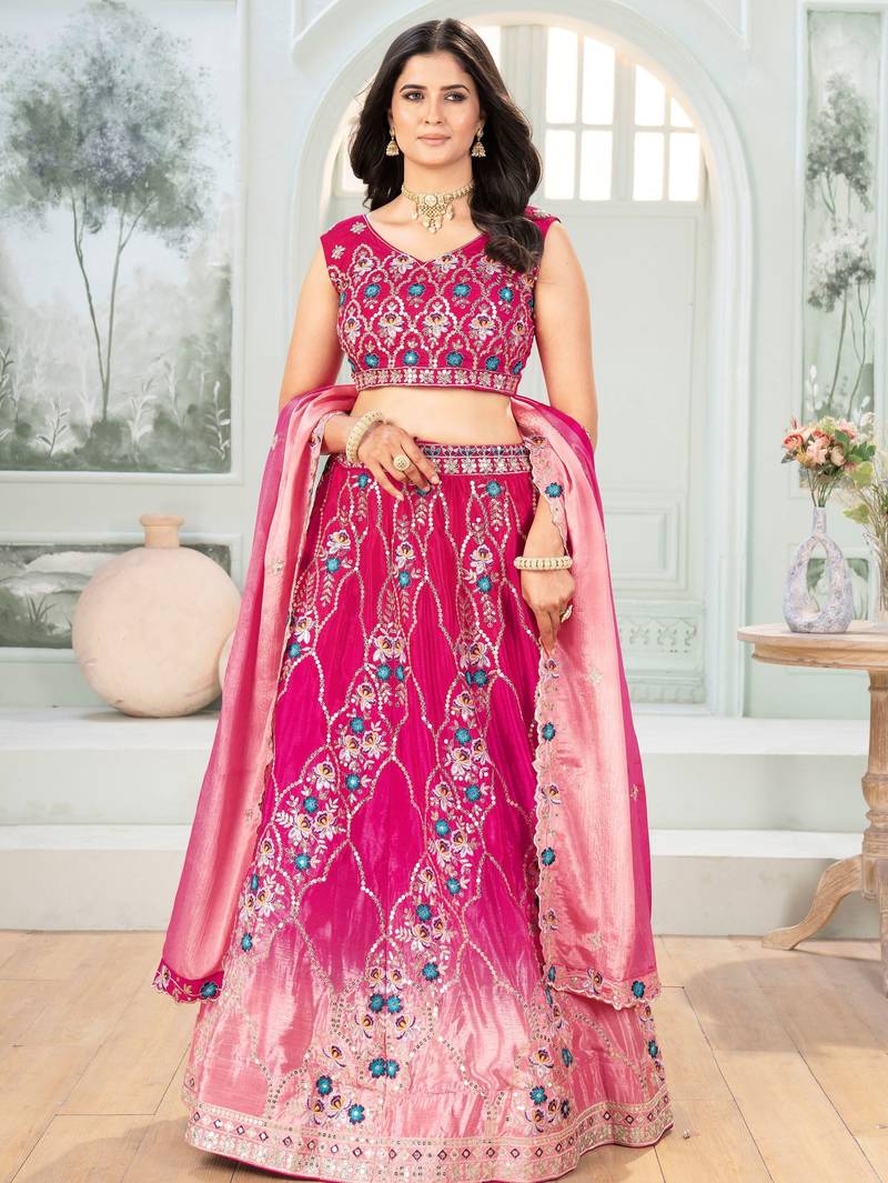 Pink Chinon Sequins Embroidered Lehenga Choli With Dupatta