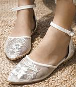 White embroidered synthetic leather sling back flats