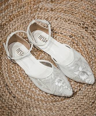 White embroidered synthetic leather sling back flats 2