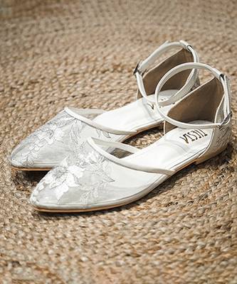 White embroidered synthetic leather sling back flats 3