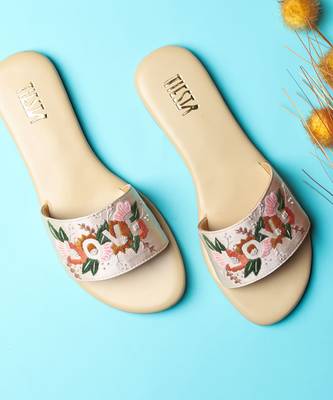 Beige embroidered synthetic leather flats 1