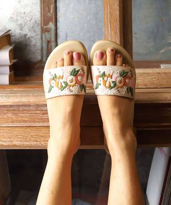 Beige embroidered synthetic leather flats 2