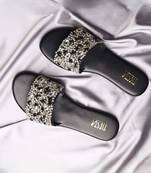 Black embroidered synthetic leather flats