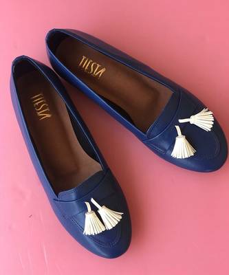 Blue solid leather Loafers  1