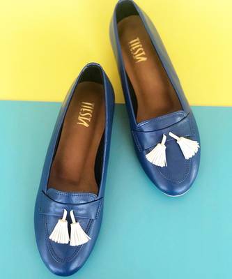 Blue solid leather Loafers  2