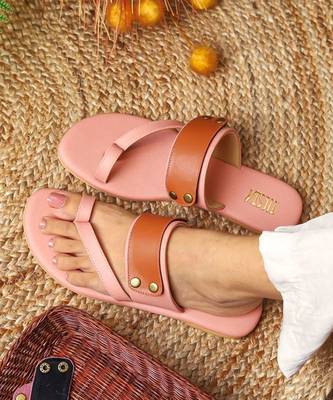 Pink solid synthetic leather Flats 5