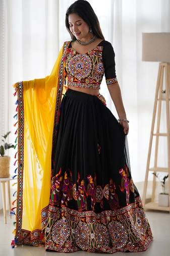 Black Georgette Lehenga Choli with Real Mirror Work