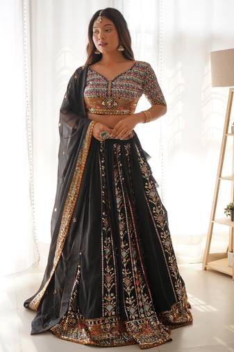 Black Georgette Lehenga Choli with Real Mirror Work