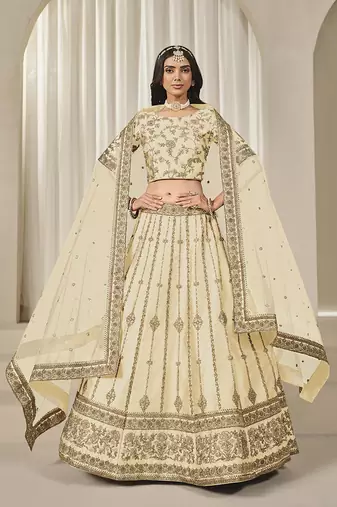 Cream Embroidered Art silk blend Reception Lehenga Choli