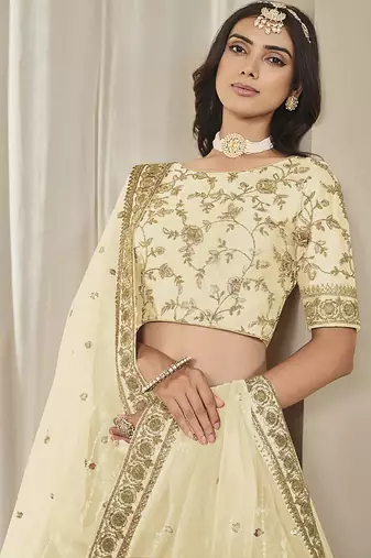 Cream Embroidered Art silk blend Reception Lehenga Choli