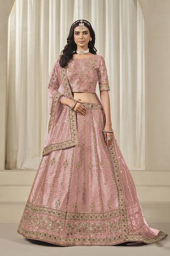 Pink Embroidered Art Silk Reception A Line Lehenga Choli