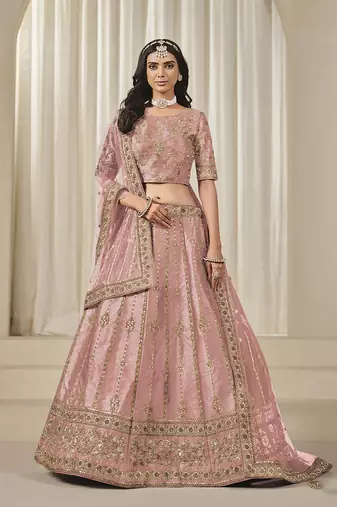 Pink Embroidered Art Silk Reception A Line Lehenga Choli