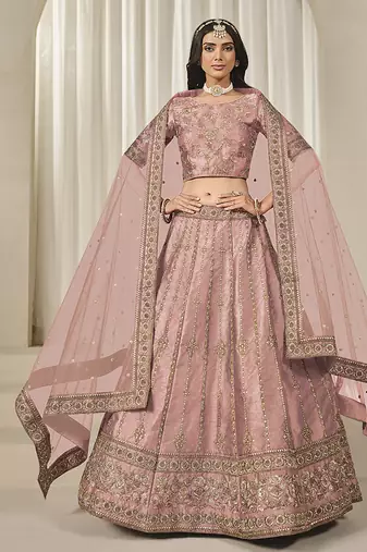 Pink Embroidered Art Silk Reception Lehenga Choli