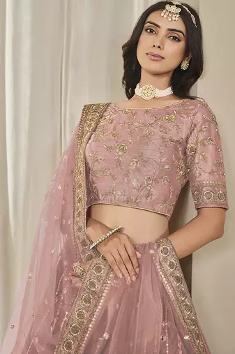 Pink Embroidered Art Silk Reception Lehenga Choli