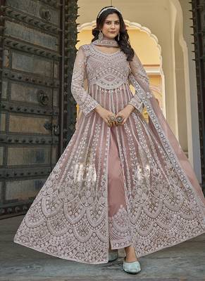 Peach Embroidered net salwar suit 1