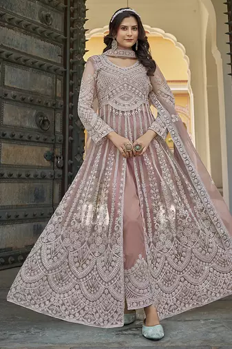 Peach Embroidered net salwar suit
