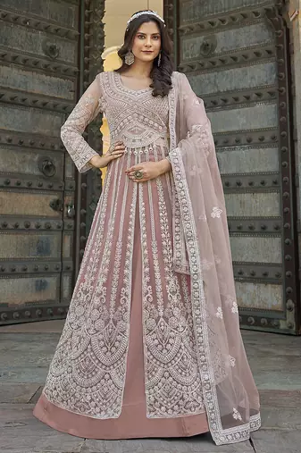 Peach Embroidered net salwar suit