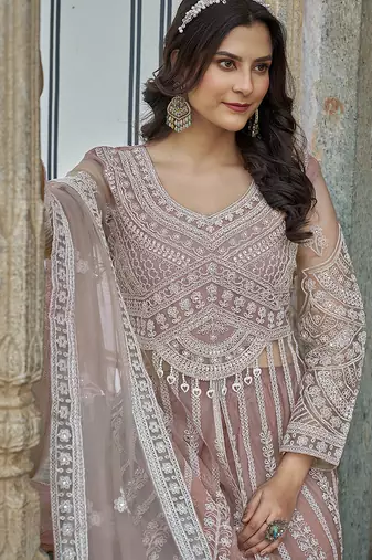 Peach Embroidered net salwar suit