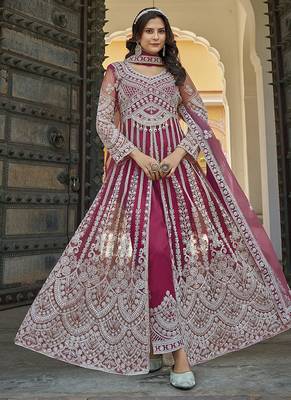 Rani pink Embroidered net salwar suit 1