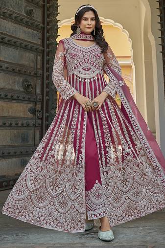 Rani pink Embroidered net salwar suit