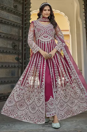 Rani pink Embroidered net salwar suit