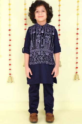 Navy blue zari embriodered coton silk ethnic jacket with kurta set