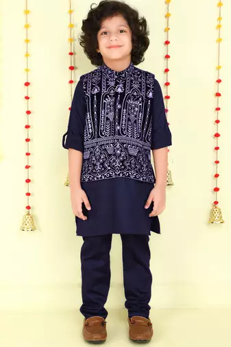 Navy blue zari embriodered coton silk ethnic jacket with kurta set