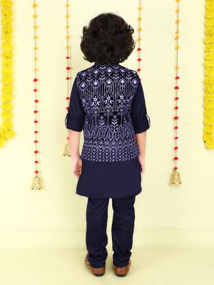 Navy blue zari embriodered coton silk ethnic jacket with kurta set 2