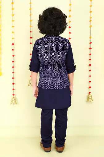 Navy blue zari embriodered coton silk ethnic jacket with kurta set