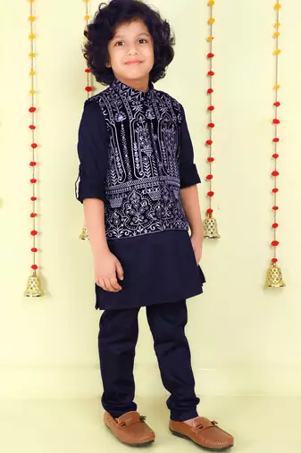 Navy blue zari embriodered coton silk ethnic jacket with kurta set