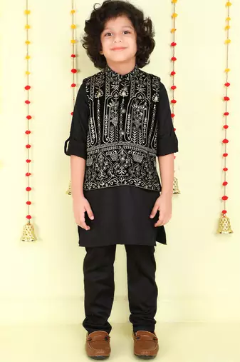 Black zari embriodered coton silk ethnic jacket with kurta set