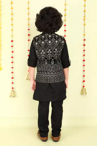 Black zari embriodered coton silk ethnic jacket with kurta set