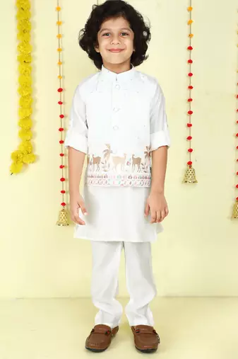 White cotton silk embriodered ethnic jacket with kurta set