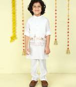 White cotton silk embriodered ethnic jacket with kurta set