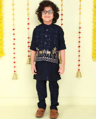Navy blue cotton silk embriodered ethnic jacket with kurta set 1
