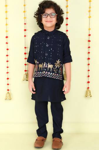 Navy blue cotton silk embriodered ethnic jacket with kurta set