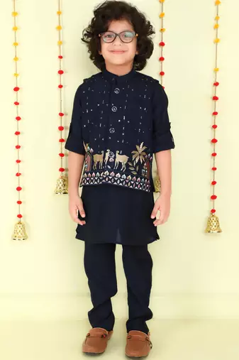 Navy blue cotton silk embriodered ethnic jacket with kurta set