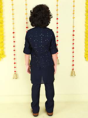 Navy blue cotton silk embriodered ethnic jacket with kurta set 2