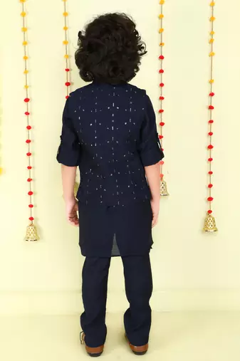 Navy blue cotton silk embriodered ethnic jacket with kurta set