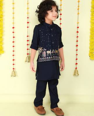 Navy blue cotton silk embriodered ethnic jacket with kurta set 3